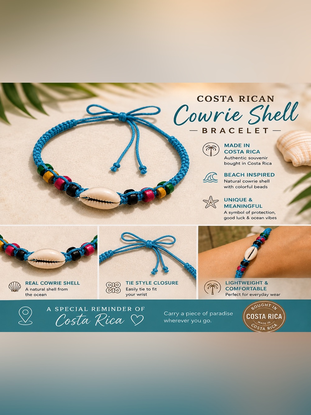 Costa Rica Cowrie Shell Bracelet – Handmade Beaded Tie Bracelet – Beach Boho